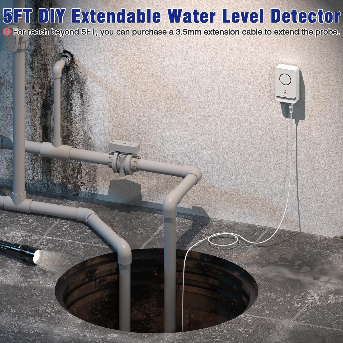 5 Pack Water Leak Detectors with 5FT Water Level Probe, Drip, Flood Sensor | DIY Extendable|120dB Alarm for Home/Basement Sump Pump/Bathroom/Kitchen/Toilet/Laundry Room,Under Sink/Pipe Leakage Detection