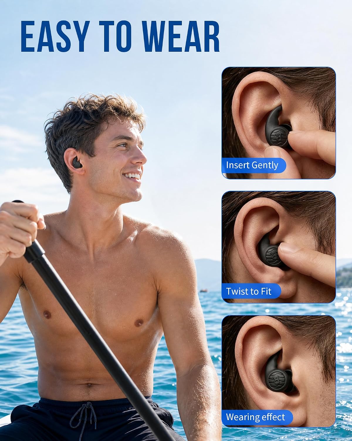 Swimming Ear Plugs, Swim Earplugs 3 Pairs for Swimmer Surfing Water Sports | Waterproof Protection, Soft Silicone Comfort, Wave-Shaped Fin, Noise-Reducing Design for Teens & Adults