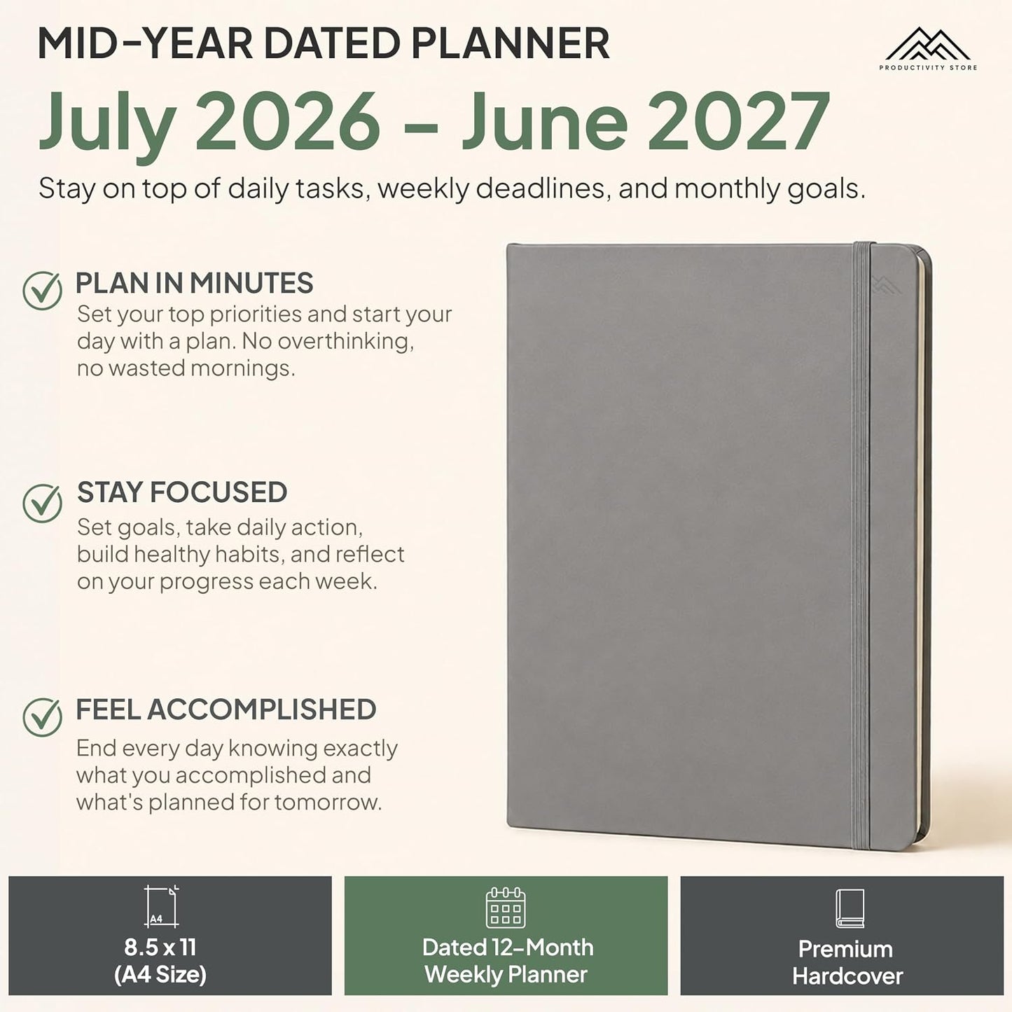 Dated, 2026 Planner, 5.8” x 8.3” - The #1 Productivity Planner to Achieve Your 2026 Goals - Planner 2026-2027 by PRODUCTIVITY STORE (A5, GREY)
