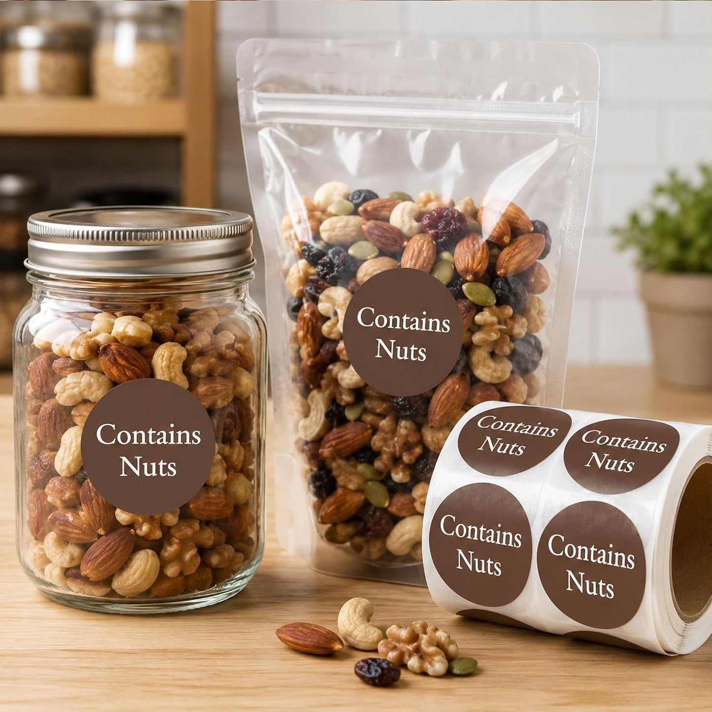 Contains Nuts Stickers Round Allergies Food Rotation Labels Allergy Sticker | 1" Allergen Allergy Warning Sticker Per Roll Retail Packaging Stickers for Jars Glass Bottle,Retail Packaging 500 Pcs