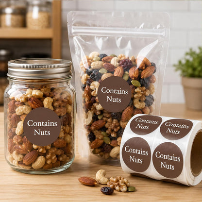 Contains Nuts Stickers Round Allergies Food Rotation Labels Allergy Sticker | 1" Allergen Allergy Warning Sticker Per Roll Retail Packaging Stickers for Jars Glass Bottle,Retail Packaging 500 Pcs