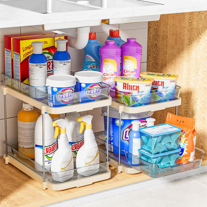 Delamu 2-Tier Multi-Purpose Bathroom Under Sink Organizers and Storage, Stackable Kitchen Pantry Organization, Pull Out Medicine Cabinet Organizer with Movable Dividers, White, 2 Pack