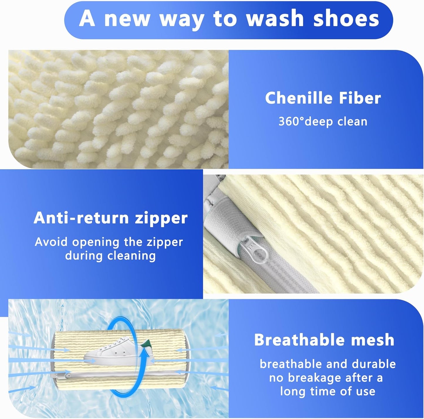 Reusable Shoe Washing Bag, 2-Pack Chenille Laundry Bag for Washer & Dryer. | Soft chenille fibers help deep clean sneakers while the hidden zipper keeps shoes secure and helps protect your washer.