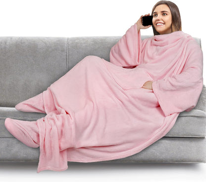 PAVILIA Fleece Blanket with Sleeves and Foot Pockets Women Men, Dark Purple