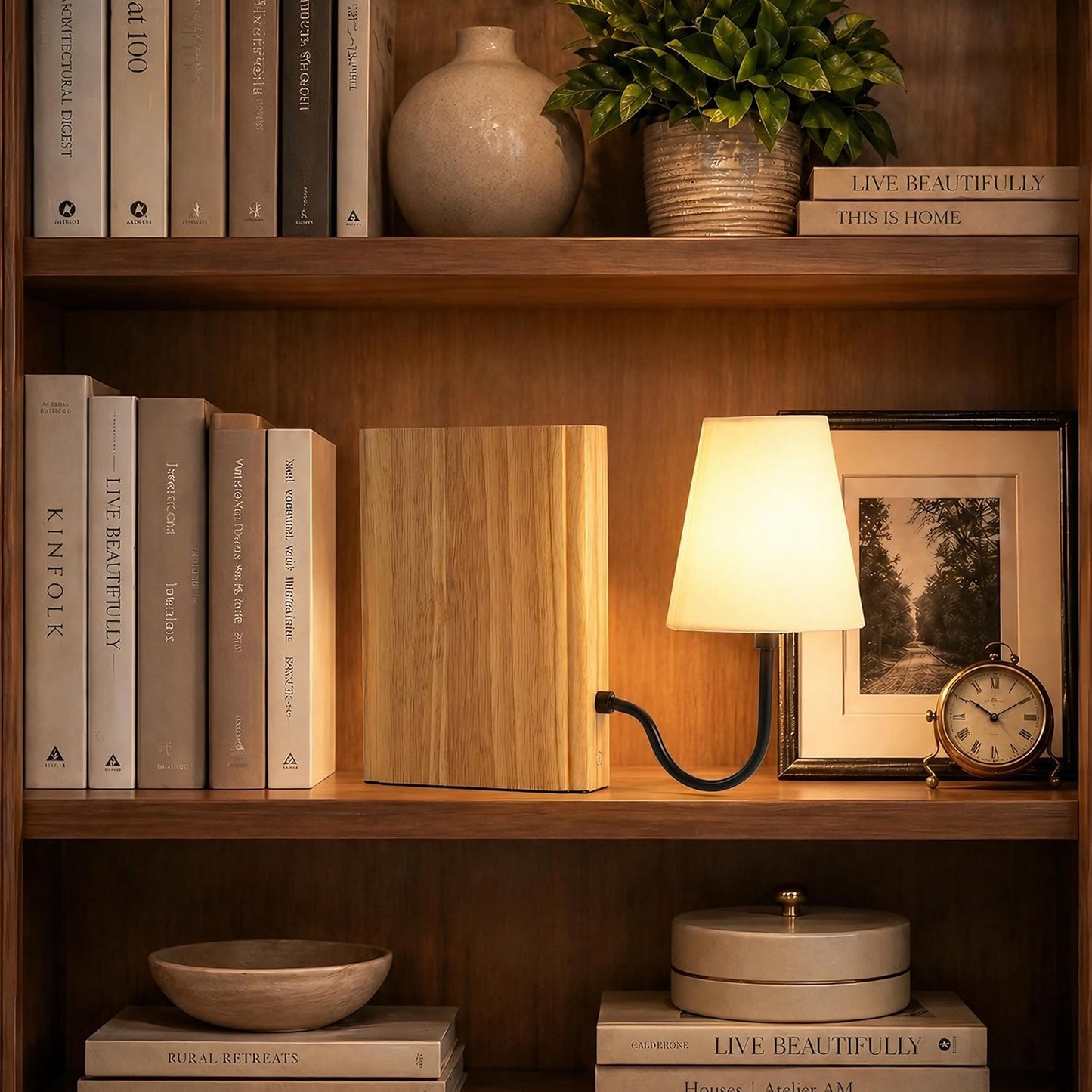 AELS Solid Wood Bookshelf Lamp with Bulb, Cordless Rechargeable Touch Dimmable Table Lamp with Linen Fabric Shade, Modern Decorative Bookend Lamp for Bedroom, Office & Bookshelf Decor, Dark Brown