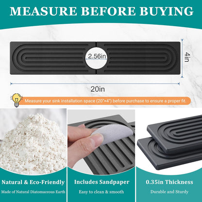 Stone Faucet Mat for Kitchen Sink - Quick Dry Diatomite Sink Splash Guard, Prevents Moisture Buildup & Water Stains, Water Absorbing Stone Tray for Bathroom Countertop (Dark Gray, 23.6" x 4")