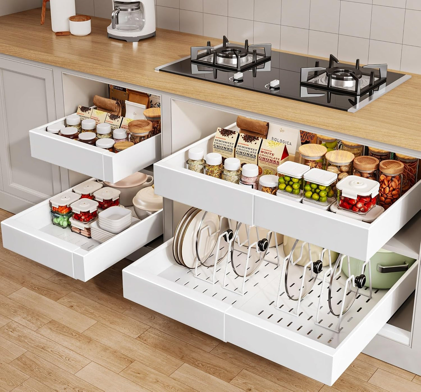 Seinloes 2Pack Pull out Cabinet Organizer 21"Deep with 4 Adjustable Dividers,Expandable（12.1"-20.4"W） Pots and Pans Organizer Under Cabinet with Raising Pad for Framed Cabinets,Slide out Drawers,White
