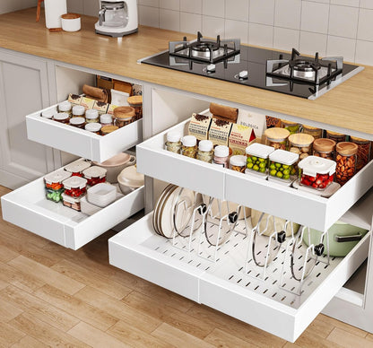 Seinloes 2Pack Pull out Cabinet Organizer 21"Deep with 4 Adjustable Dividers,Expandable（12.1"-20.4"W） Pots and Pans Organizer Under Cabinet with Raising Pad for Framed Cabinets,Slide out Drawers,White