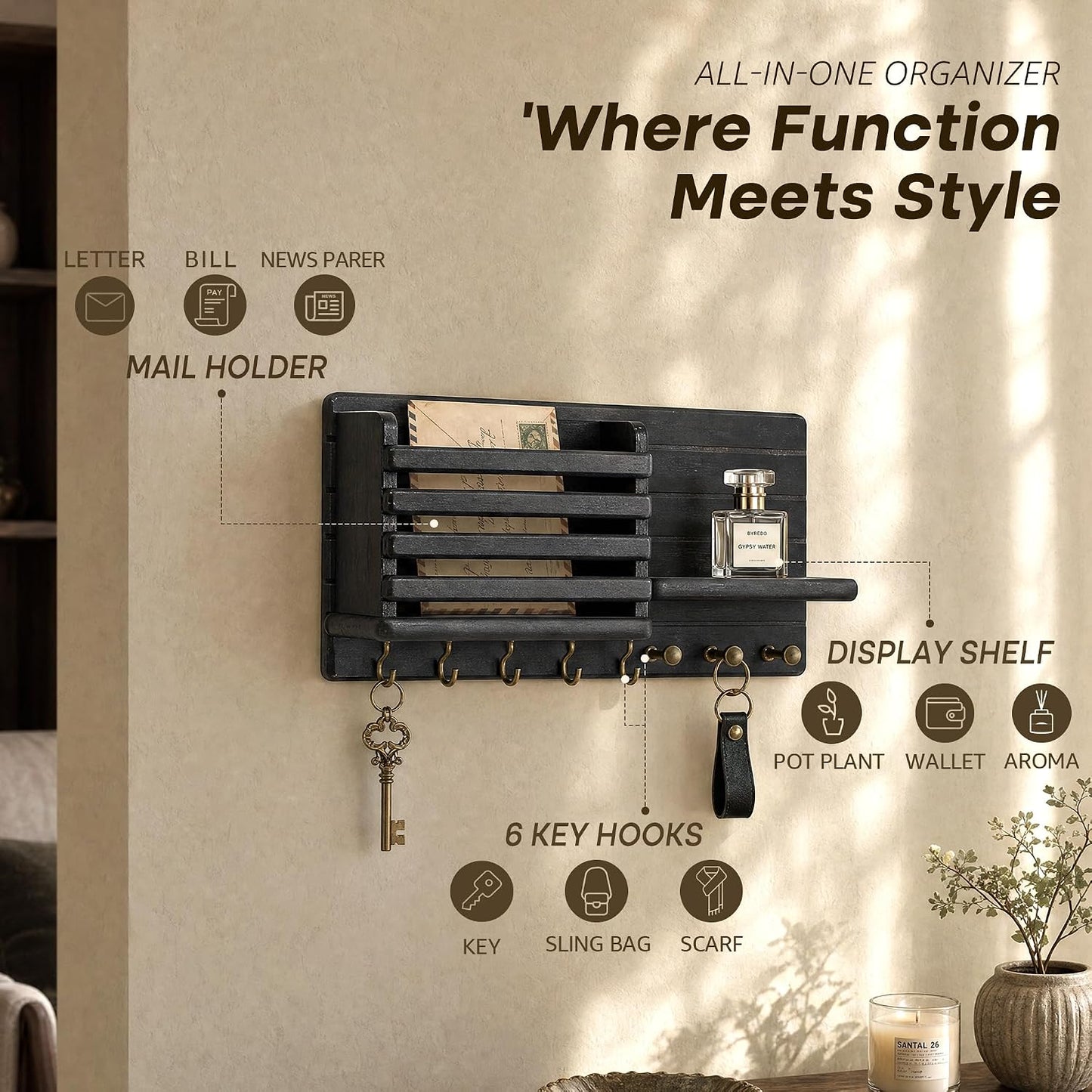 Rebee Vision Key Holder Wall Mount with Mail Slot for Entryway, Retro Brown | Pine Wood, Key Holder for Wall, 8 Hooks for Dog Leashes, Floating Shelf, Mail Sorter, New Home Essentials, Entryway Storage