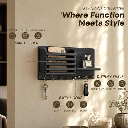 Rebee Vision Key Holder Wall Mount with Mail Slot for Entryway, Retro Brown | Pine Wood, Key Holder for Wall, 8 Hooks for Dog Leashes, Floating Shelf, Mail Sorter, New Home Essentials, Entryway Storage
