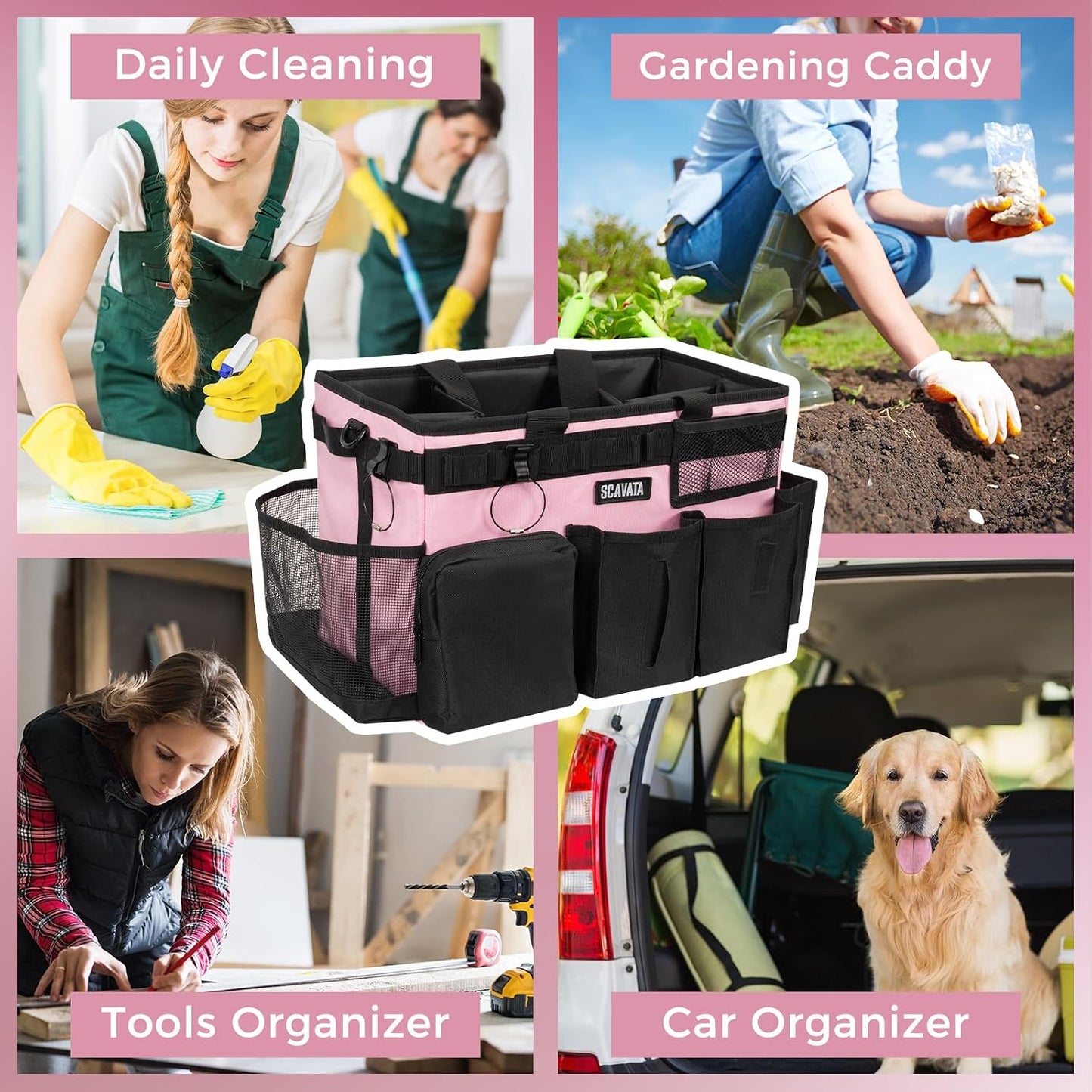 SCAVATA Wearable Cleaning Caddy Bag, Cleaning Caddy Supplies Organizer with Handle & Shoulder Straps for Housekeepers, Under Sink & Car Cleaning Tool Organizers with 4 Foldable Divider (Lake Blue)