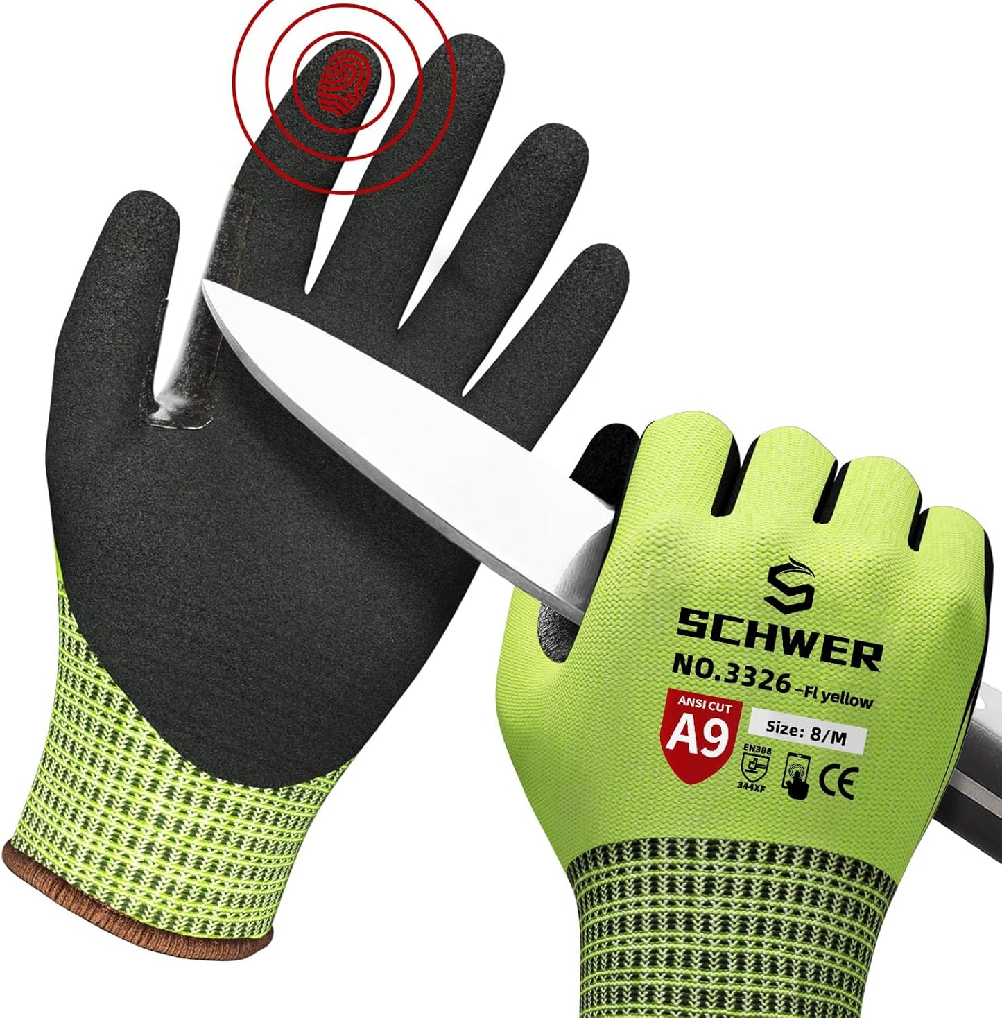 Schwer ProGuard High Level Cut Resistant Work Gloves for Extreme Protection, ANSI A9 Cut Gloves with Reinforced Thumb, Non Slip, Breathable, Durable, Touch-screen, Black 1 Pair（L 3326