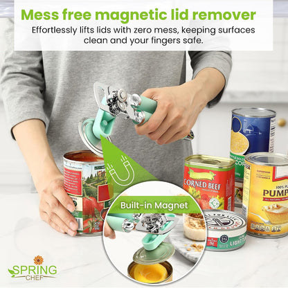 Spring Chef Stainless Steel Manual Can Opener with Soft Grip Handles, Black | Heavy Duty Hand Can Opener for Seniors with Smooth Edge, Easy Turn, 3in1 Can Opener with Magnetic Lid Remover & Bottle Opener