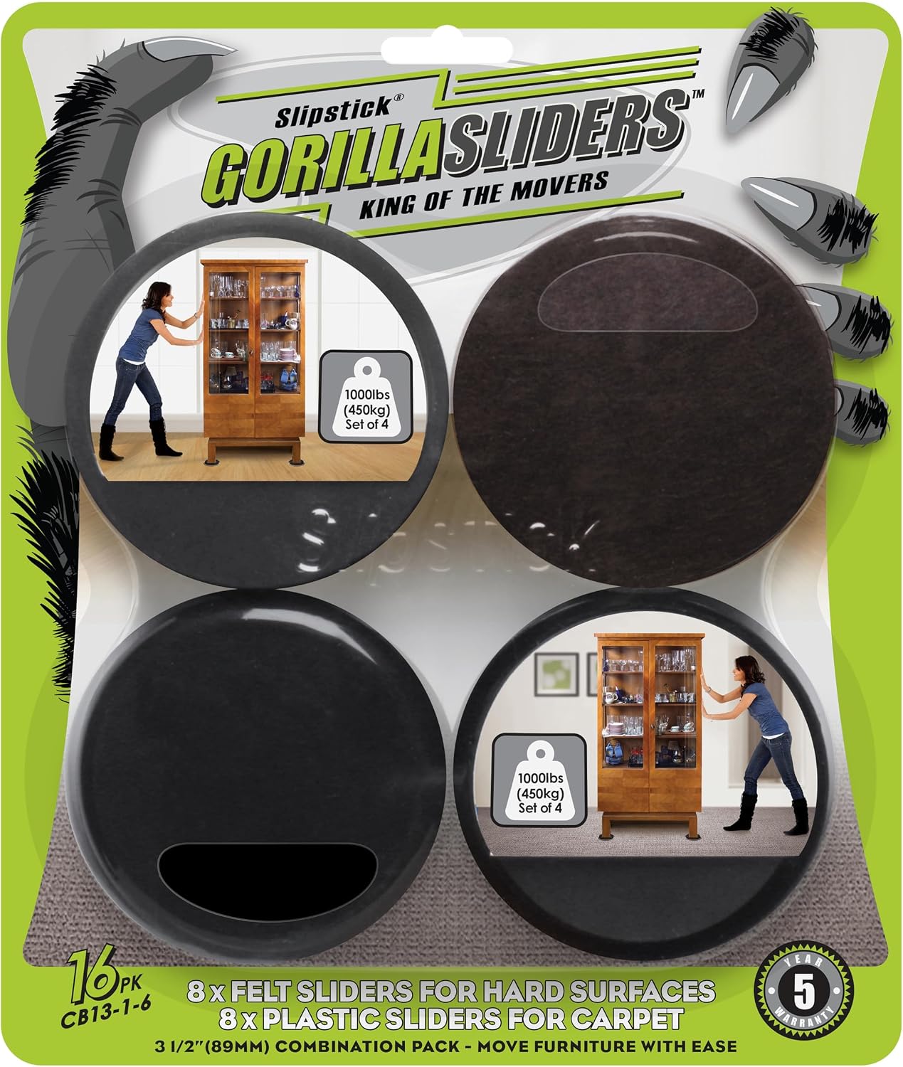 Slipstick GorillaSliders Premium Furniture Sliders for All Floor Surfaces (16 Piece Moving Kit) Reusable 3.5” Round Furniture Movers for Sliding Furniture on Hardwood & Carpet, Black, CB13-1-16