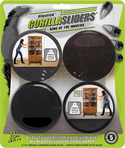 Slipstick GorillaSliders Premium Furniture Sliders for All Floor Surfaces (16 Piece Moving Kit) Reusable 3.5” Round Furniture Movers for Sliding Furniture on Hardwood & Carpet, Black, CB13-1-16