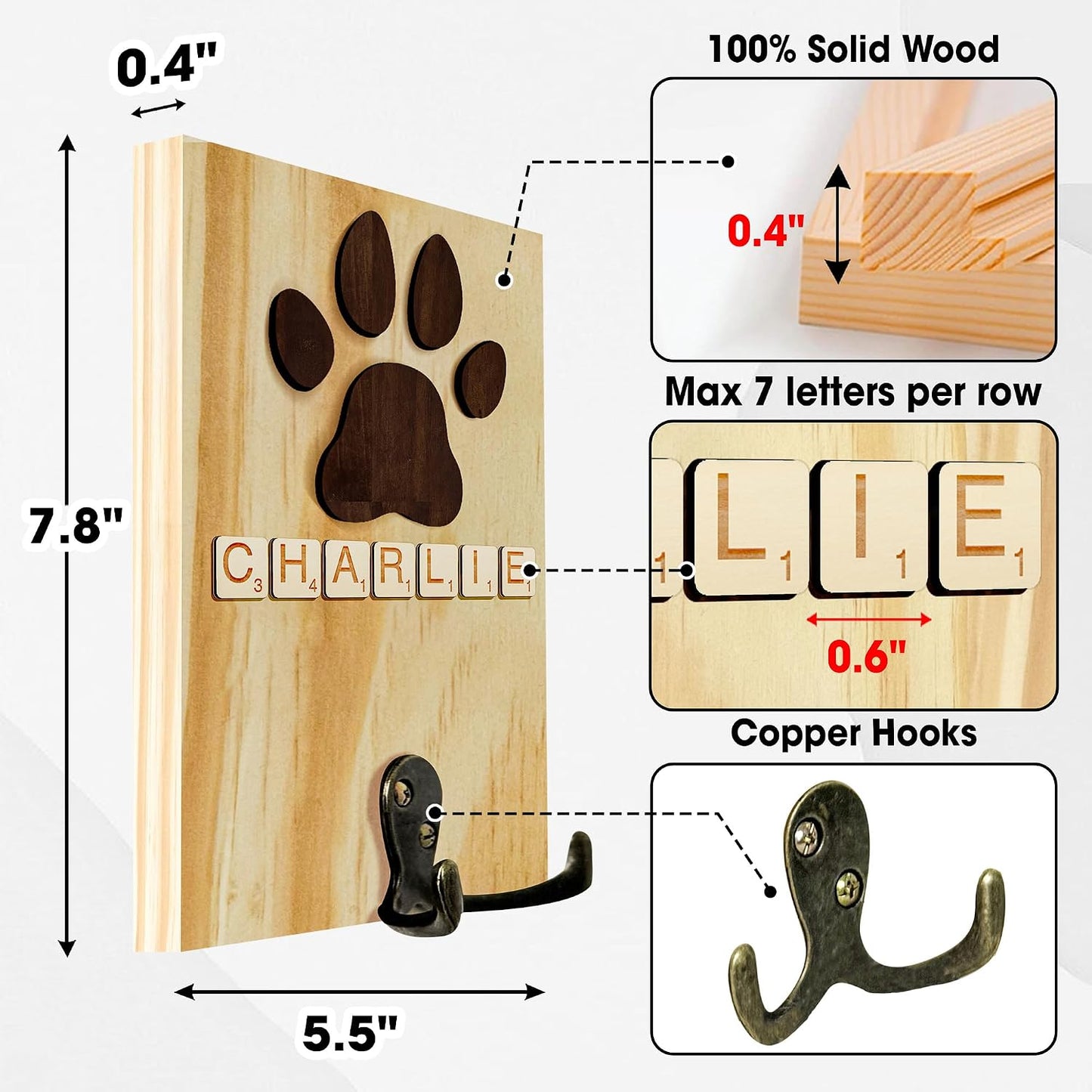 Dog Leash Holder Wall Mount, Pet Harness Hanger with Scrabble Letters, Dog Collar Organizer for Entryway, Memorial Cat Leash Holder for Wall, Pet Loss Gifts, Keepsake, Home Decor PF212-NAT