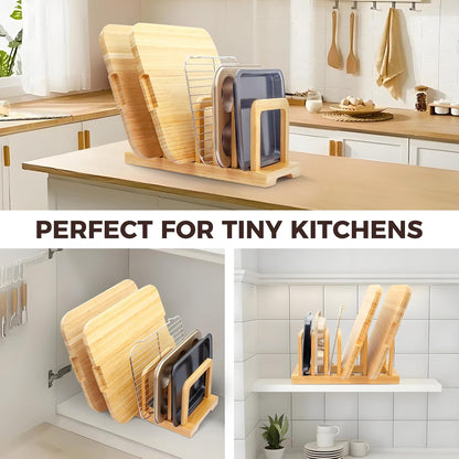 MinBoo Bamboo 5-Slot Adjustable Cutting Board Rack & Bakeware Organizer with Non-Slip Pads for Kitchen Storage,Small