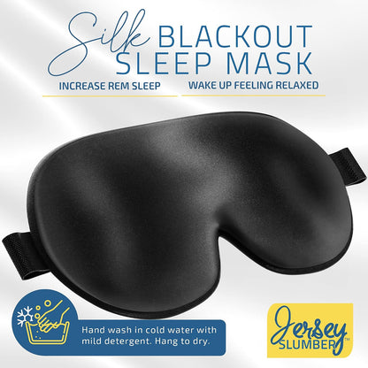 Jersey Slumber 100% Silk Sleep Mask for Women Men Side Sleeper - Light Blocking Eye Mask for Sleeping, Zero Pressure Soft Blindfold, Adjustable Strap, Silk Eye Cover for Travel Nap - Black