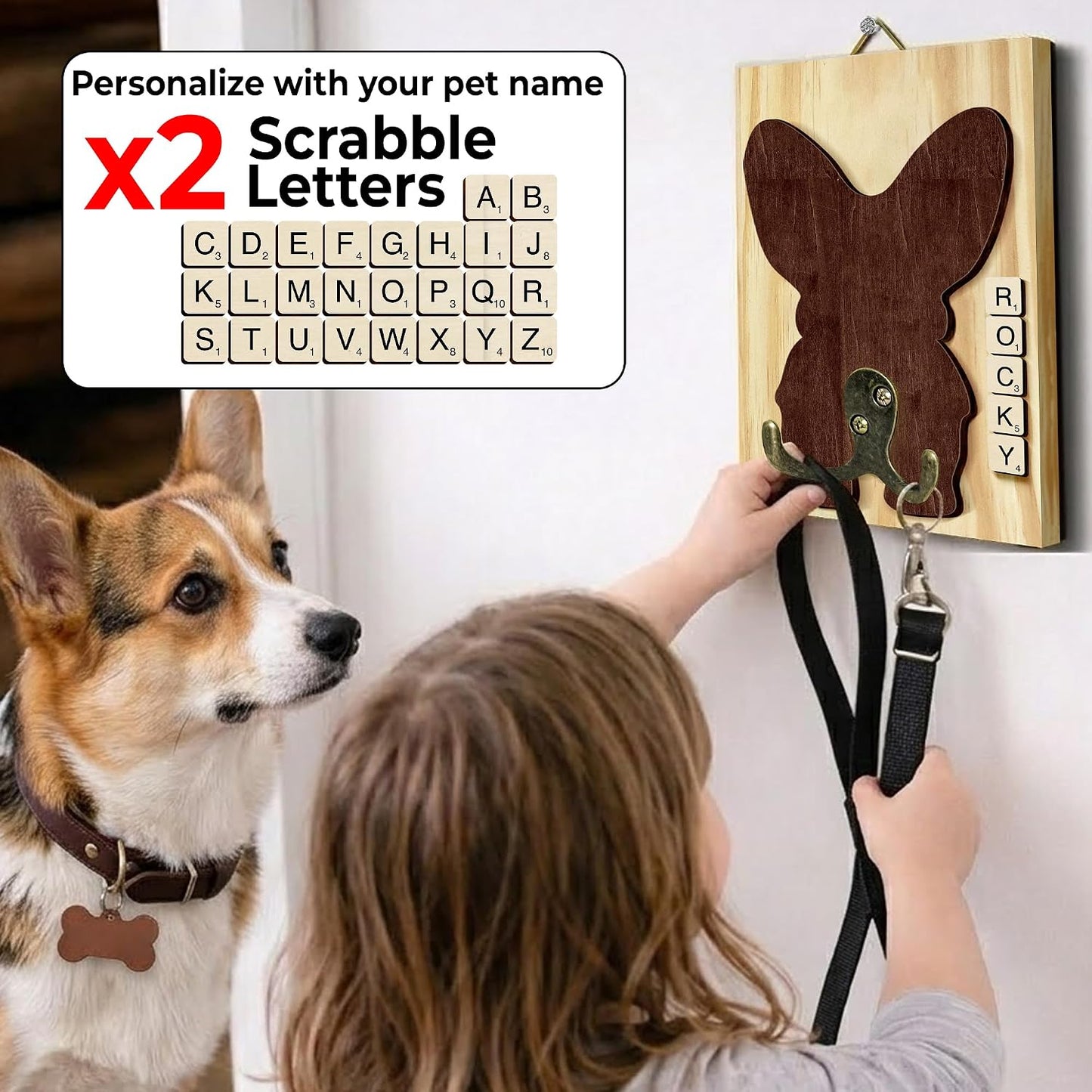 Dog Leash Holder Wall Mount, Pet Harness Hanger with Scrabble Letters, Dog Collar Organizer for Entryway, Memorial Cat Leash Holder for Wall, Pet Loss Gifts, Keepsake, Home Decor PF212-NAT