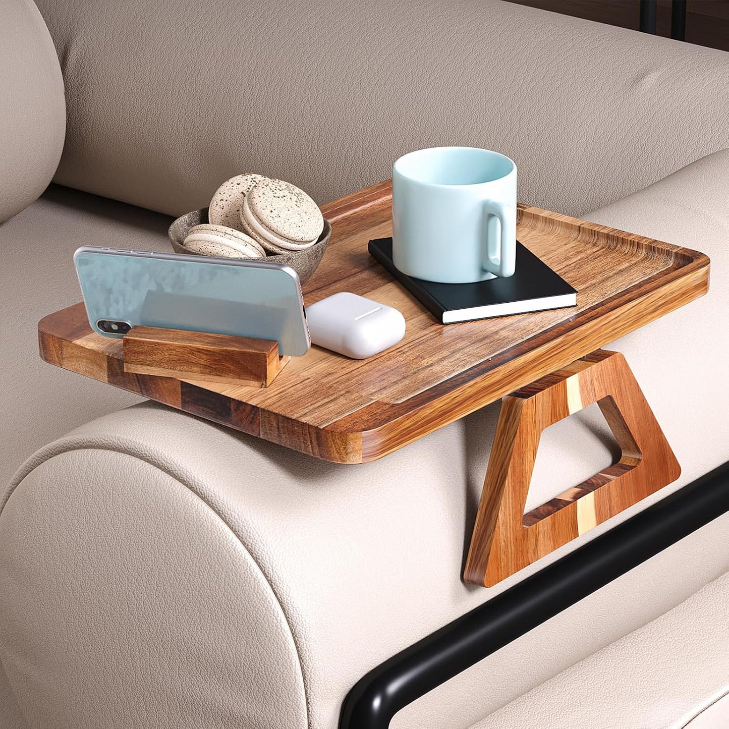 Acacia Wood Couch Arm Tray，Folding Sofa Armrest Table | Clip-On Couch Desk,Foldable, Non-slip,No Assembly，for Drinks Snacks Phone，Remote Control