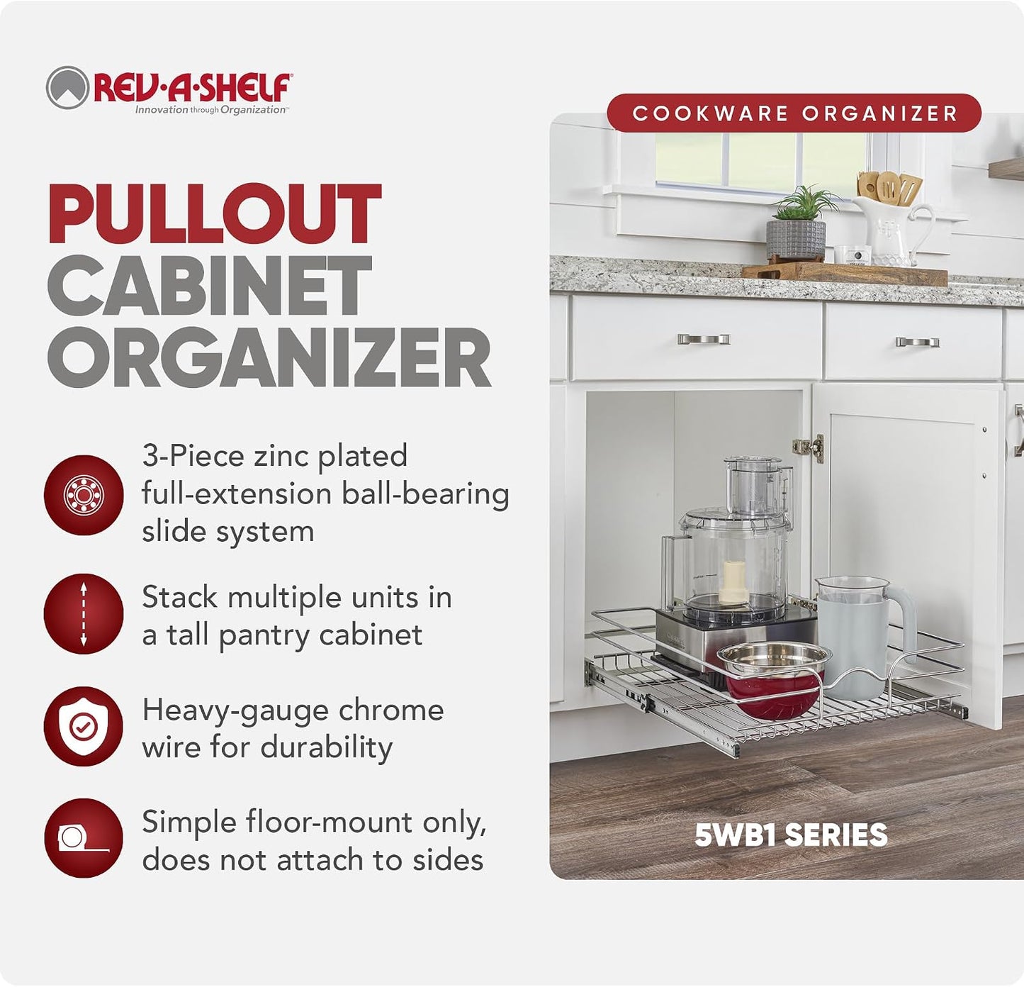 Rev-A-Shelf Pullout Organizer for Cabinets, Min Opening Width of 18" | STwo-Tier Steel Shelf for Kitchen or Vanity Cabinet Organization, Heavy Gauge Wire Slide Out Storage Basket, 5WB2-1822CR-1