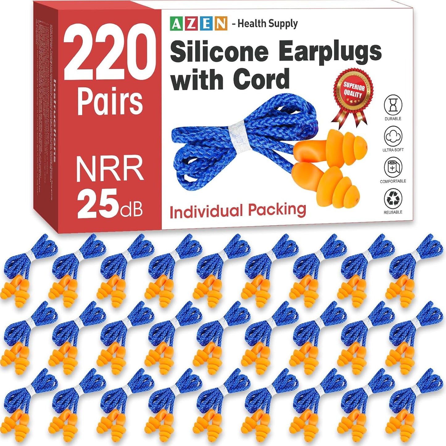 AZEN 55 Pairs Silicone Ear Plugs, Reusable Earplugs for Noise Reduction, 25dB NRR Corded Ear Plug for Sleeping Noise Cancelling, Ear Plug with String Individual Packing