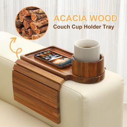 Couch Cup Holder - 3 in 1 Sofa Arm Tray with 360° Rotating Cup Holder & Phone Stand,Arm Chair Rest Table Fits Various of Large Width Couches Armrest,Anti-Slip Foldable Couch Tray for Drinks