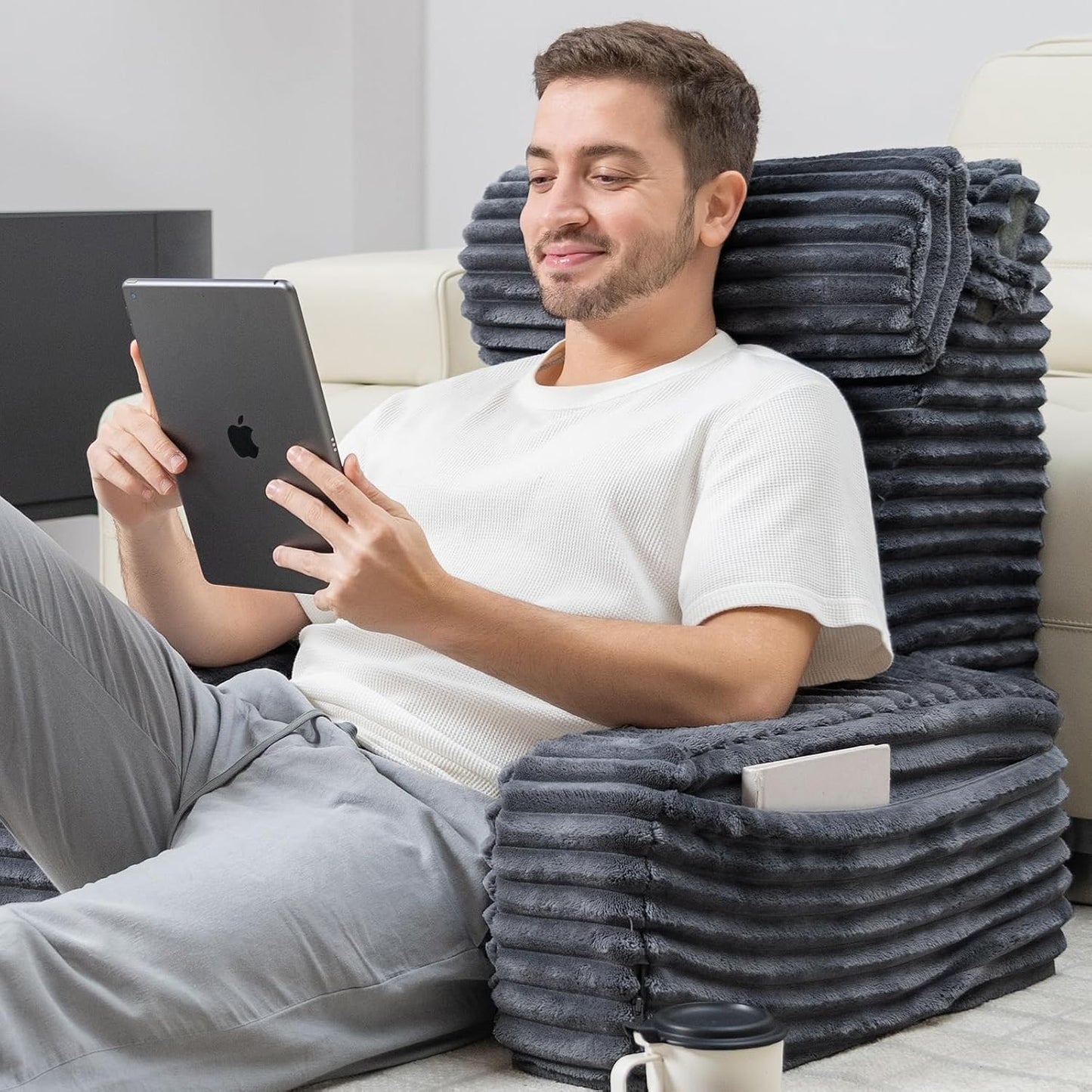ENITYA 22" XL Back Pillow for Bed Sitting Up with Armrests & Big Pockets | Reading Pillow for Bed, Soft Back Support Chair, Ideal for Watching TV, Gaming, Nursing, Resting, Post Surgery, Dark Grey
