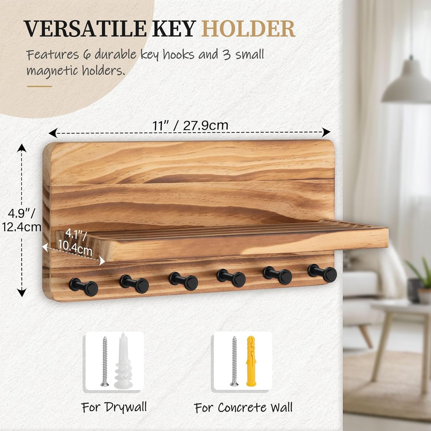 Nekon Key Holder for Wall with Shelf, Pine Wooden Key Hanger, Black | Small Wall Mounted Key Holder with 4 Hooks, Farmhouse Wall Organizer for Home Entryway & Apartment