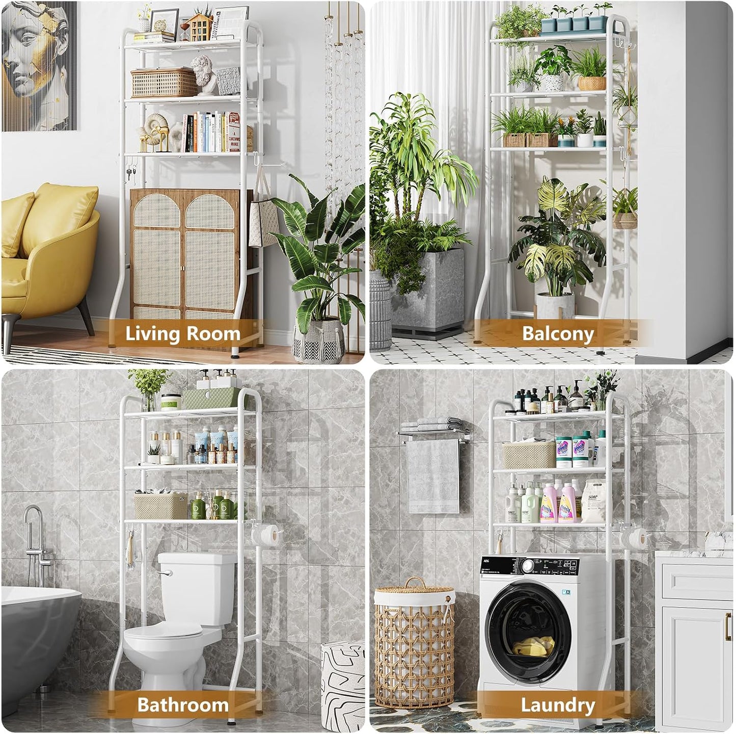 Simple Trending Over The Toilet Storage Cabinet, Metal Bathroom Shelf Organizer with Paper Holder and Hooks, 3 Tier, Black