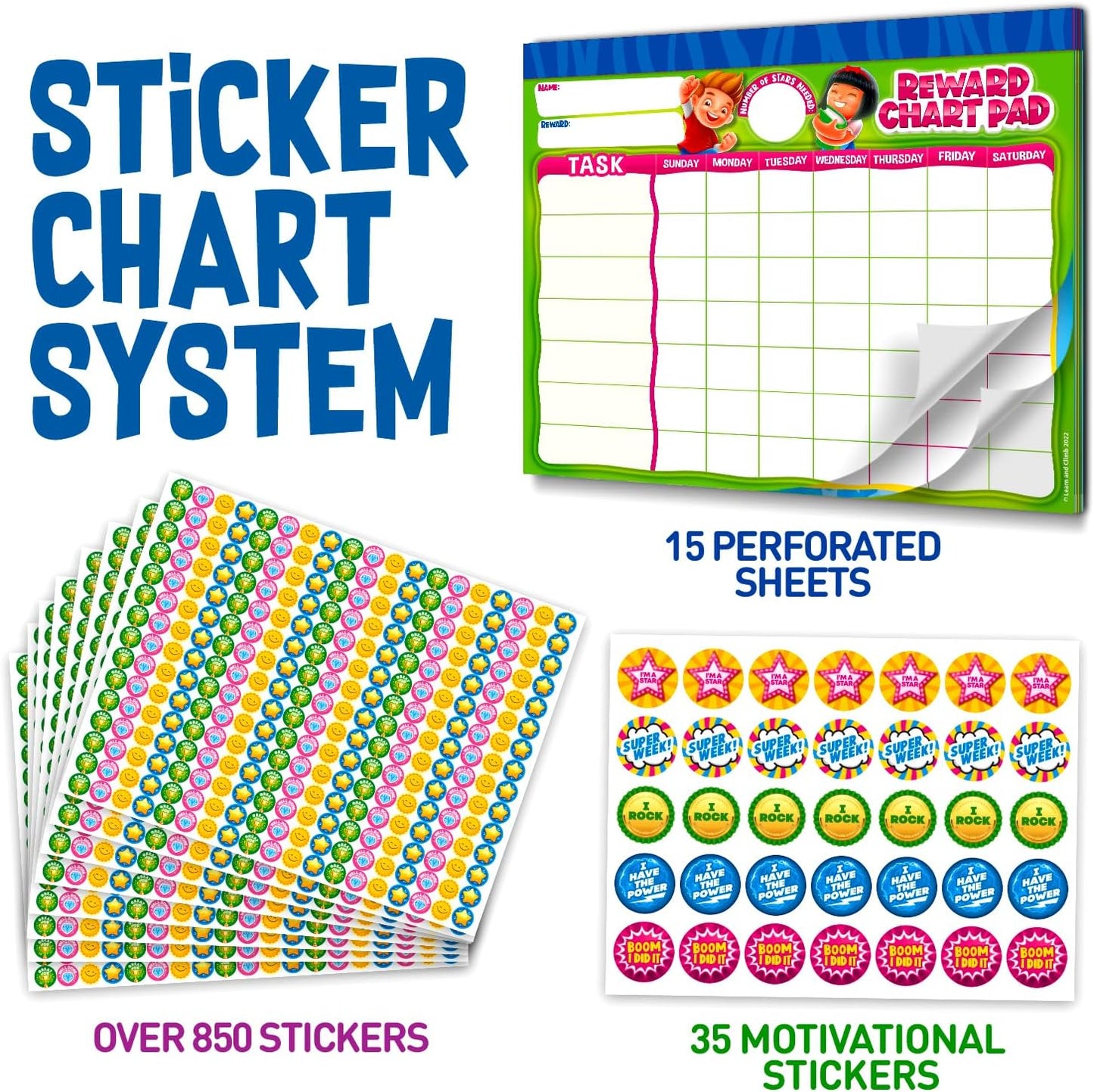 Behavior Reward Chart System - Pad with 26 Chore Charts for Kids, 2800 Stickers to Motivate Responsibility & Good Habits