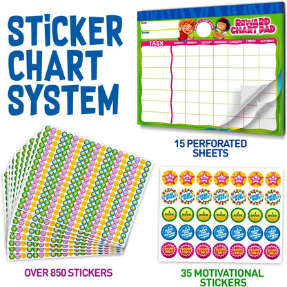 Behavior Reward Chart System - Pad with 26 Chore Charts for Kids, 2800 Stickers to Motivate Responsibility & Good Habits