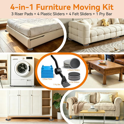 3.5 Inch Furniture Sliders with Lifter Tool, 12 PCS Multi-Surface Movers Kit for Carpet and Hardwood Floors, Heavy Duty Moving Pads, Appliance Slider Floor Protectors for Sofa Bed Table Cabinet