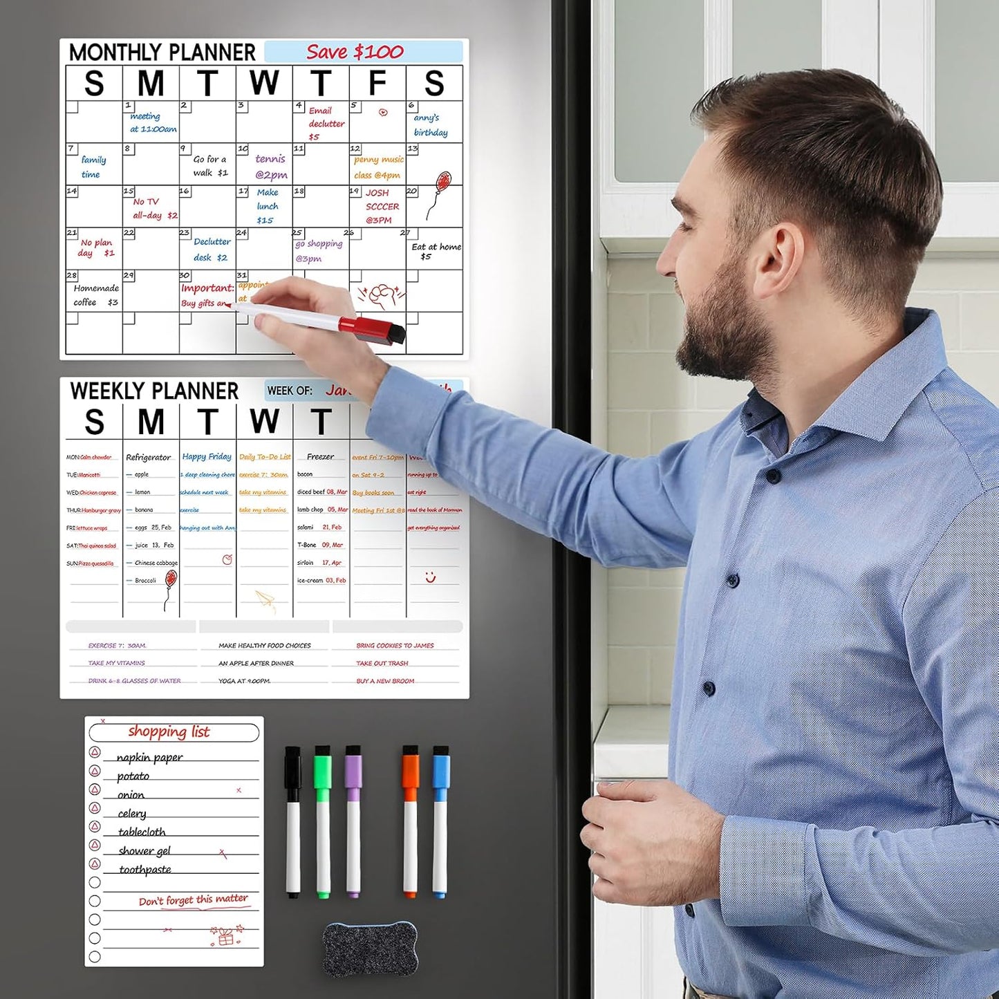 3 Pack Dry Erase Magnetic Calendar for Refrigerator - Monthly & Weekly & Daily Planner Magnet Whiteboard for Fridge Wall - Shopping, Meal/Menu, To Do List, Family Schedule Planning Board (10HB-RIZH3)