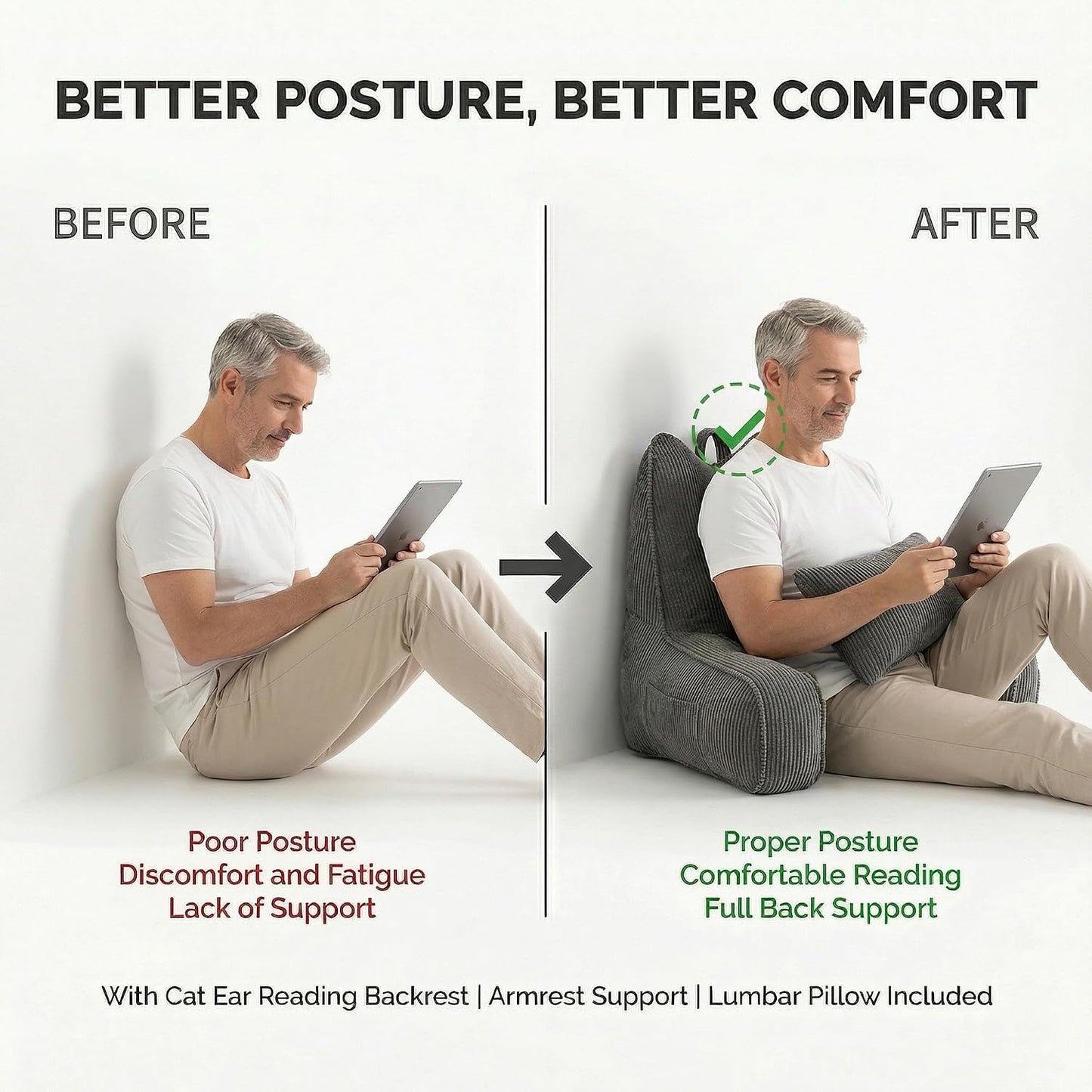 Patented Design Reading Pillow with Arms for Sitting Up, 2-in-1 Bed Rest Pillow with Detachable Lumbar Support, Backrest Support Cushion for Couch with Side Pockets & Handle, Beige Gray
