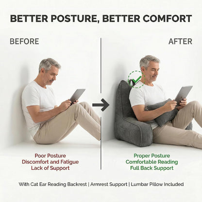 Patented Design Reading Pillow with Arms for Sitting Up, 2-in-1 Bed Rest Pillow with Detachable Lumbar Support, Backrest Support Cushion for Couch with Side Pockets & Handle, Beige Gray