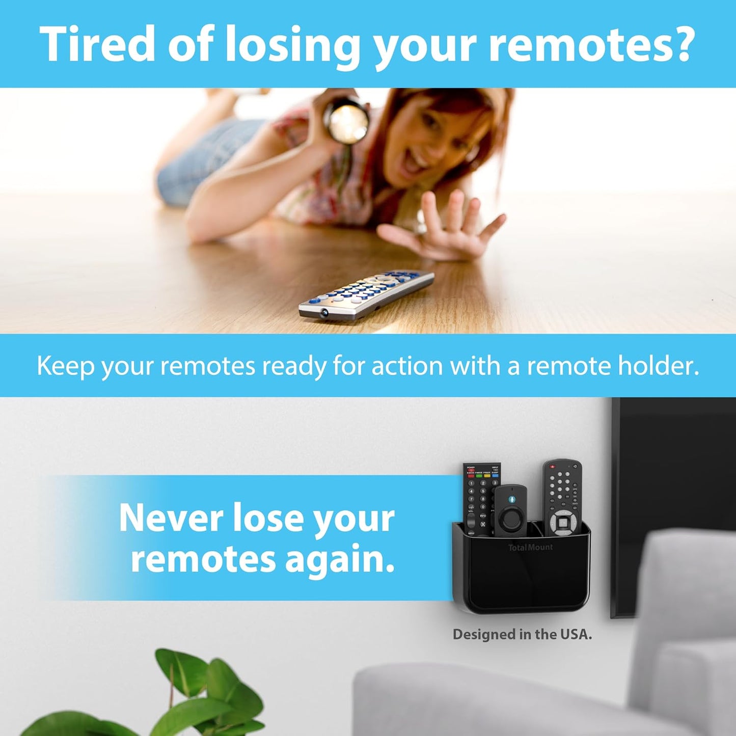TotalMount Drop-Free Remote Holder – Removable Adhesive Strips – XL Black | Designed in the USA – Simply Put the Remotes In – No Tricky Magnet Alignment Needed (Holds 3 or 4 Remote Controls)