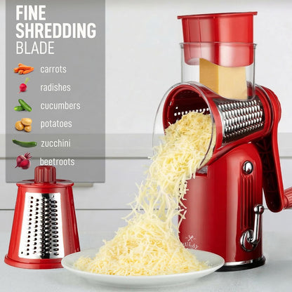 Zulay Kitchen Rotary Cheese Grater 5 Blade Cheese Shredder - Manual Hand Crank Cheese Grater With Reinforced Suction & 5 Interchangeable Drums - Easy to Use, Vegetable Chopper Round Mandoline Slicer - Colors B