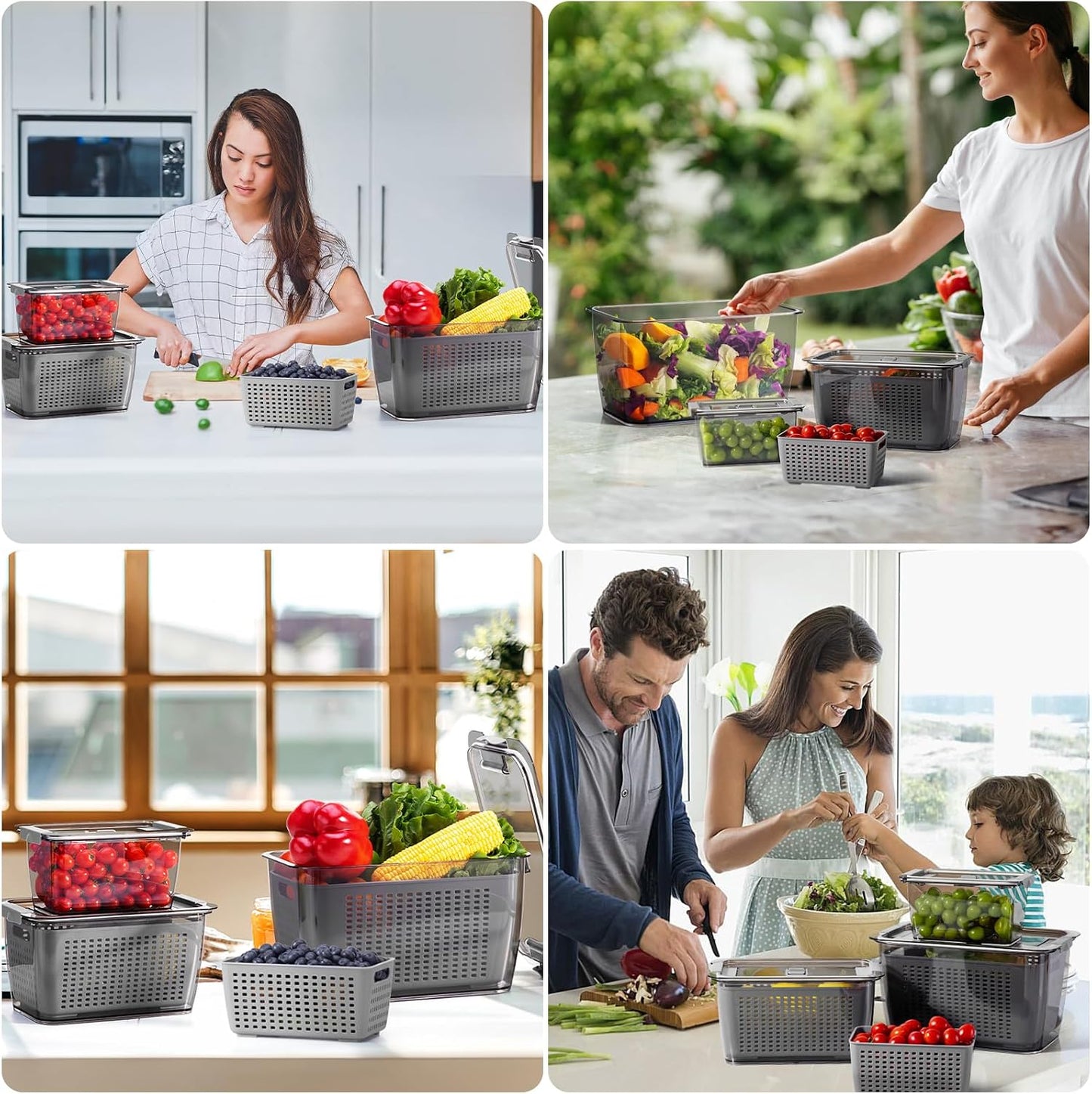 LUXEAR 4 Pack Fruit Vegetable Containers for Fridge, Produce Saver Container with Lids &Removable Colander BPA-free Refrigerator Storage Organizer for Fruit Vegetable, Berry, Meat keep Fresh Longer | BPA Free with Removable Colanders Leak-proof Fridge
