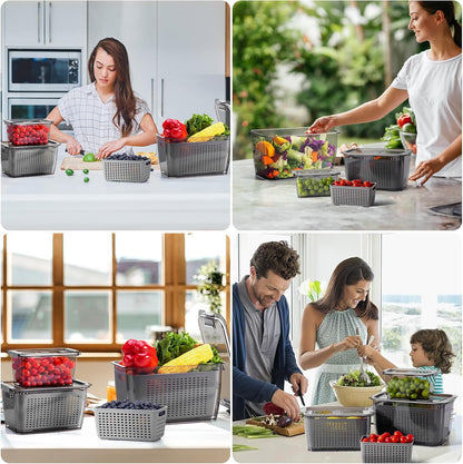 LUXEAR 4 Pack Fruit Vegetable Containers for Fridge, Produce Saver Container with Lids &Removable Colander BPA-free Refrigerator Storage Organizer for Fruit Vegetable, Berry, Meat keep Fresh Longer | BPA Free with Removable Colanders Leak-proof Fridge
