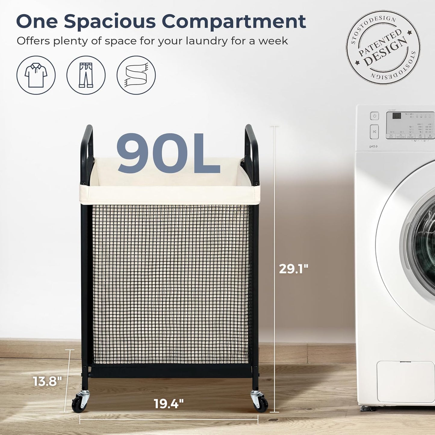STO STO Laundry Hamper 2 Section, 100L Rolling Laundry Sorter Cart with Removable and Washable Liner Bag, Clothes Hamper with Wheels and Metal Handle for Laundry Room and Bedroom