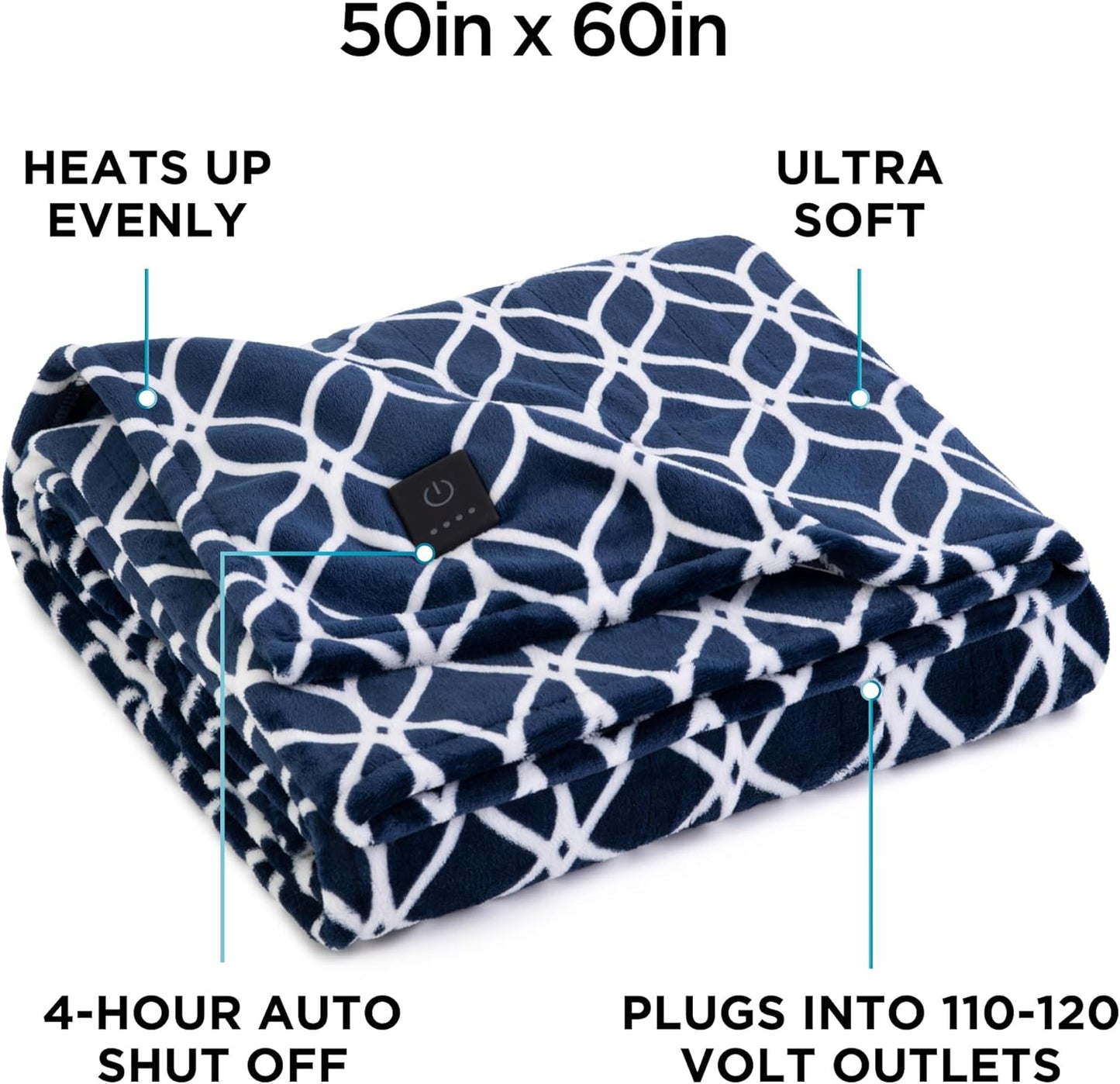 Brookstone Electric Heated Plush Throw - Heated Blankets - 4 Heat Settings, 4-Hour Auto Shut Off, 100% Polyester, 50"x60" - Blue Trellis