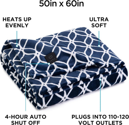 Brookstone Electric Heated Plush Throw - Heated Blankets - 4 Heat Settings, 4-Hour Auto Shut Off, 100% Polyester, 50"x60" - Blue Trellis