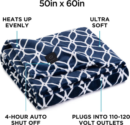 Brookstone Electric Heated Plush Throw Blanket, 50 x 60 in, Blue Trellis
