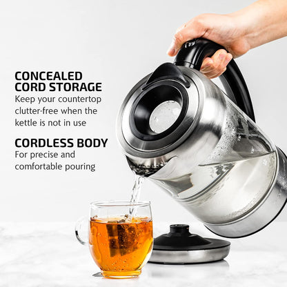 OVENTE 1.7L Double Wall Glass Electric Kettle Water Boiler, Silver KG912S | 1500W Fast Boiling, Easy Fill Lid, Borosilicate Glass, Cool-Touch Design, Blue LED, Auto Shut-Off, Boil-Dry Protection