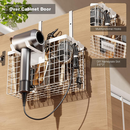 Voldra Hair Dryer Holder Cabinet Door, Adhesive Hair Tool Organizer Wall Mount Adjustable Height Blow Dryer Holder Under Sink/Countertop for Flat Curling Iron, Hair Brush and Straightener (1, Black)