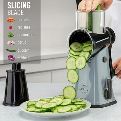 Zulay Kitchen Rotary Cheese Grater 5 Blade Cheese Shredder - Manual Hand Crank Cheese Grater With Reinforced Suction & 5 Interchangeable Drums - Easy to Use, Vegetable Chopper Round Mandoline Slicer - Colors A