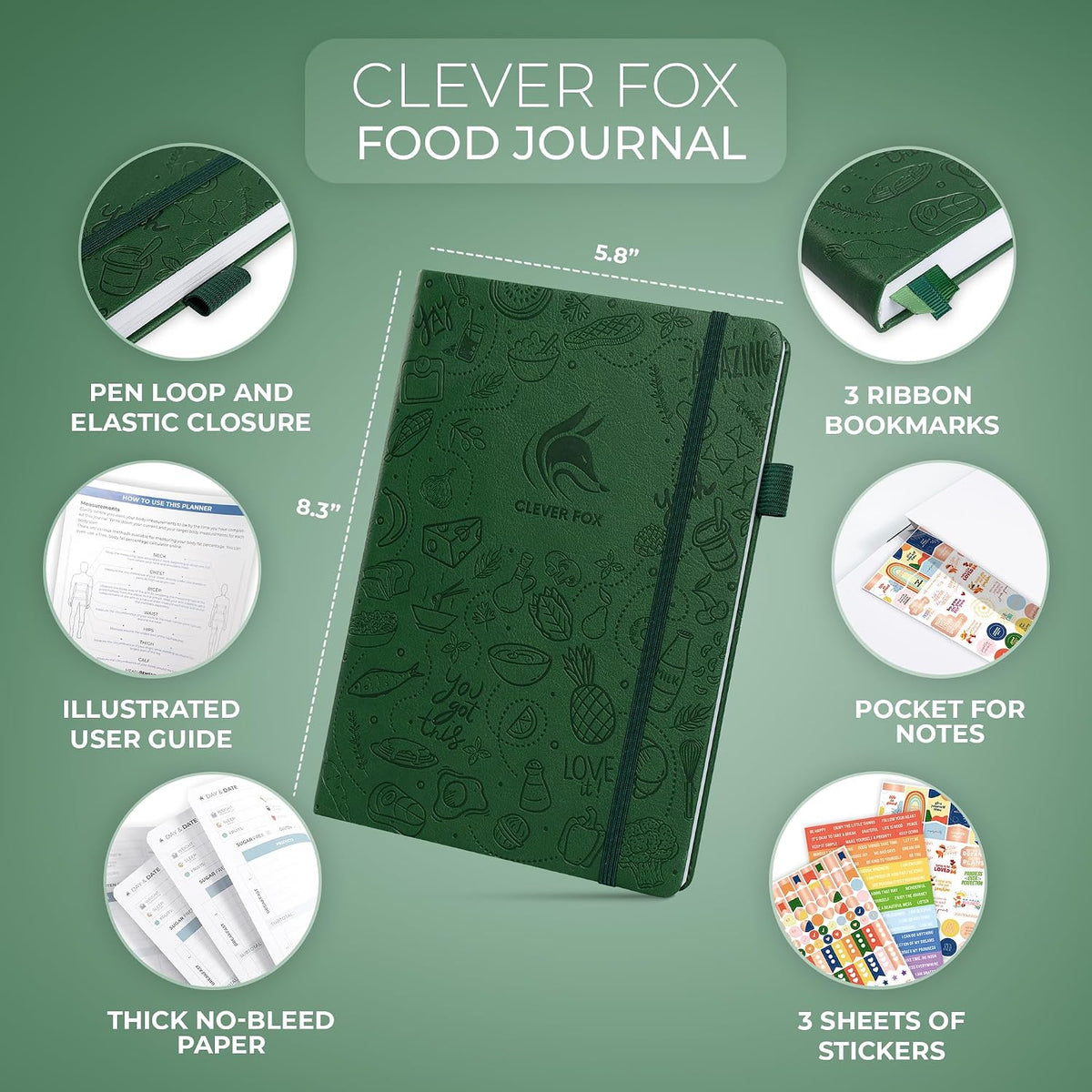 Clever Fox Food Journal for Women & Men, Weight Loss Tracker, Aquamarine