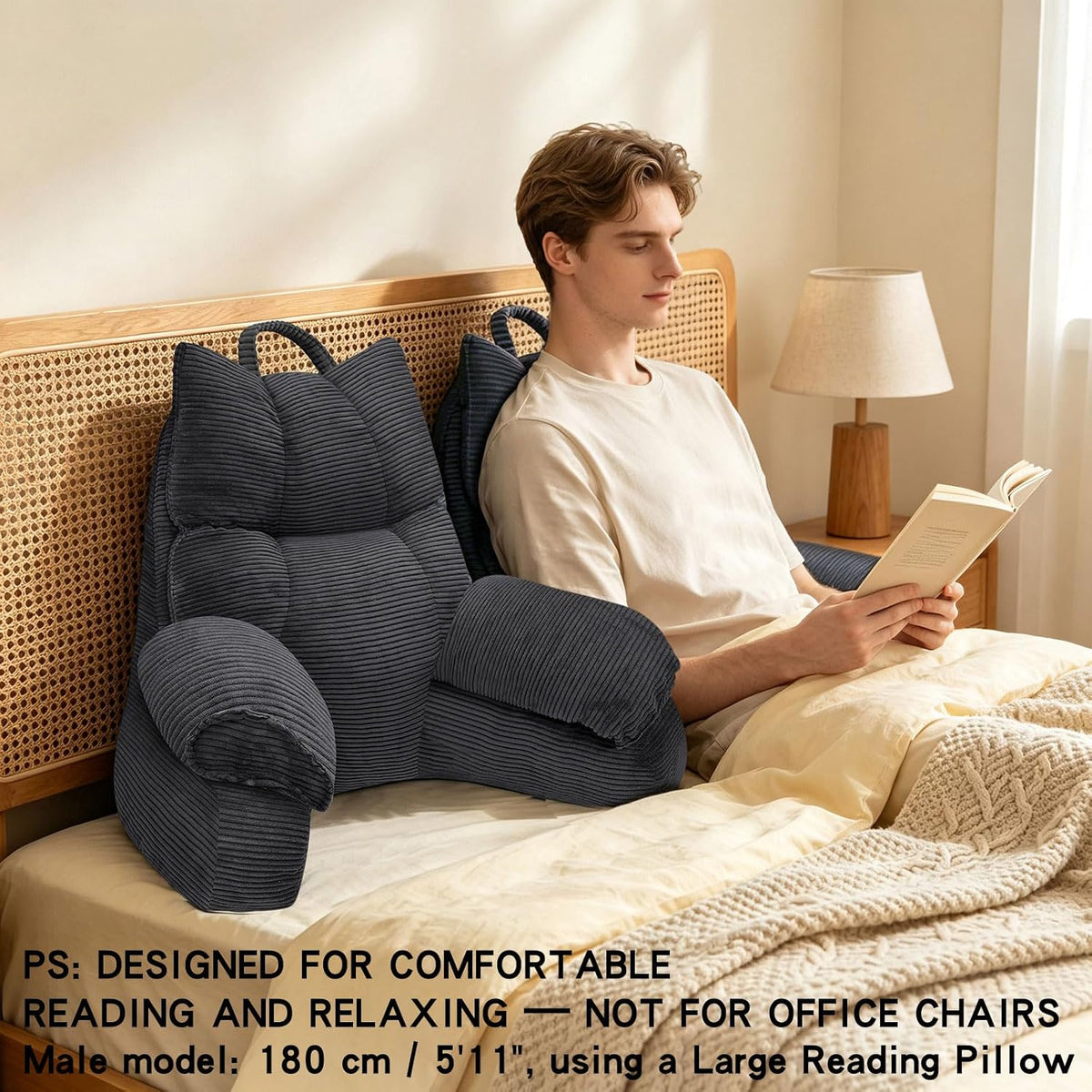 Reading Pillow for Bed with Arms, Back Support, Memory Foam（Grey Black）