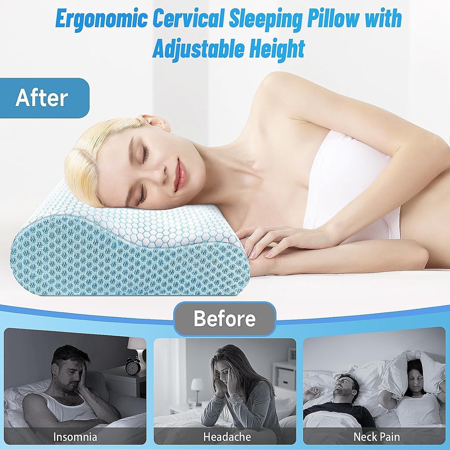 Neck Pillow for Sleeping, Ergonomic Cervical Bed Pillow, Blue Standard Size | Memory Foam Bed Pillow for Side Back Stomach Sleepers, Contour Fit Neck Pillow for Sleeping and Neck Pain Relief